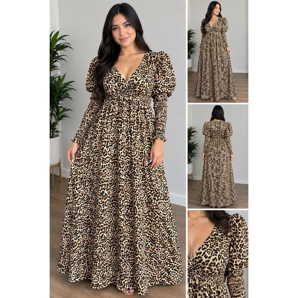 NWT New York & Company Leopard Print Puff Long Sleeve V-Neck Maxi Dress Sz L